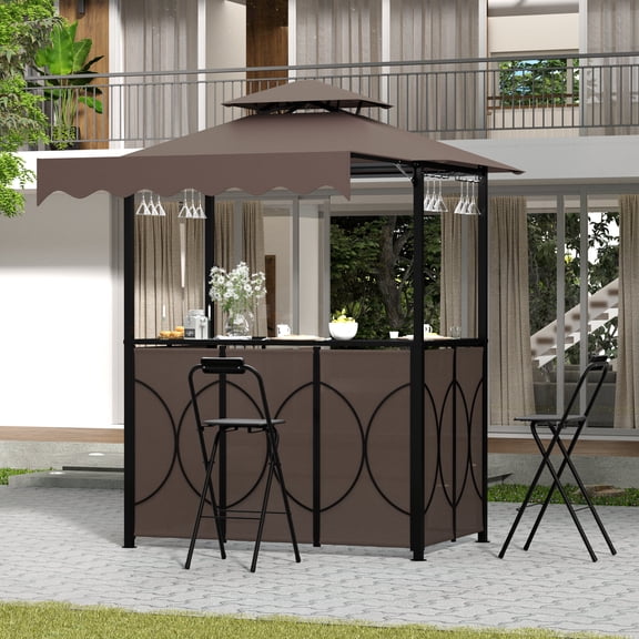 Magic Union 6.5'x6.9' Double Tiered Grill Gazebo with Side Awning, 3 Piece Patio Bar Set with 2 Foldable Stools, 3-Sided Surround Shelving, Mesh Tabletop, Glass Holders & Hooks for Backyard, Brown