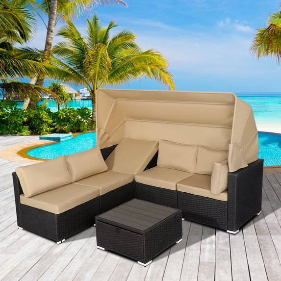 Magic Union 6 Pieces Patio Furniture Set with Retractable Canopy Rattan Wicker Outdoor Sectional Sofa Set with Adjustable Backrest Daybed Patio Conversation Set with Cushions and Storage Table,Khaki