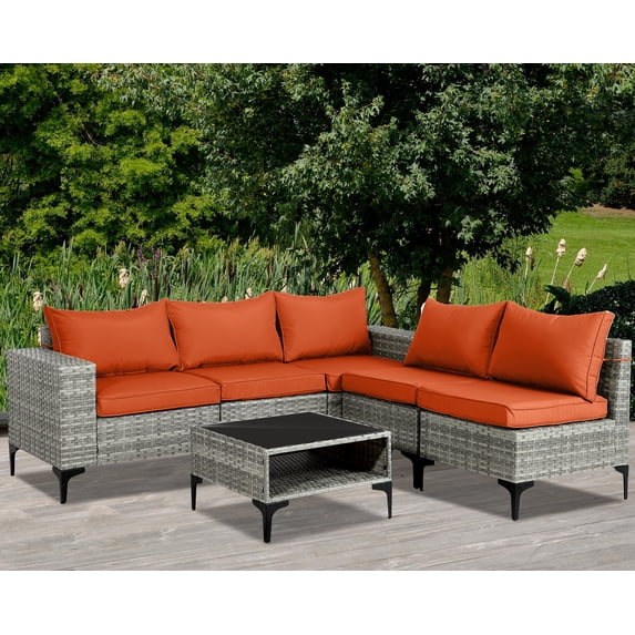 Magic Union 6 Pieces Patio Furniture Sets Outdoor Sectional Patio Sofa All Weather Manual Weaving Wicker Patio Seating Sofas with Cushion Glass Table for Backyard Poolside,Orange