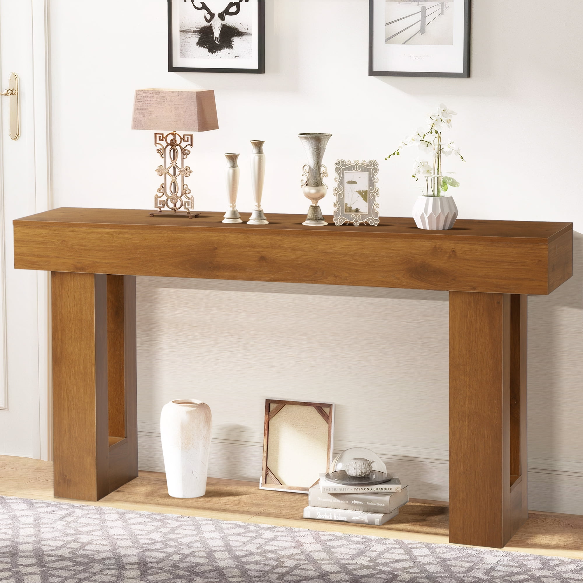 Magic Union 63" Long Console Table for Entryway, Wood Rectangular Sofa Table Behind Couch with 2-tier Open Storage and Weighted Base, Foyer Accent Tables for Entryway, Hallway, Living Room