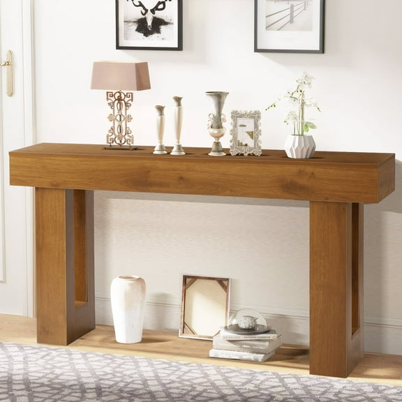 Magic Union 63" Long Console Table for Entryway, Wood Rectangular Sofa Table Behind Couch with 2-tier Open Storage and Weighted Base, Foyer Accent Tables for Entryway, Hallway, Living Room