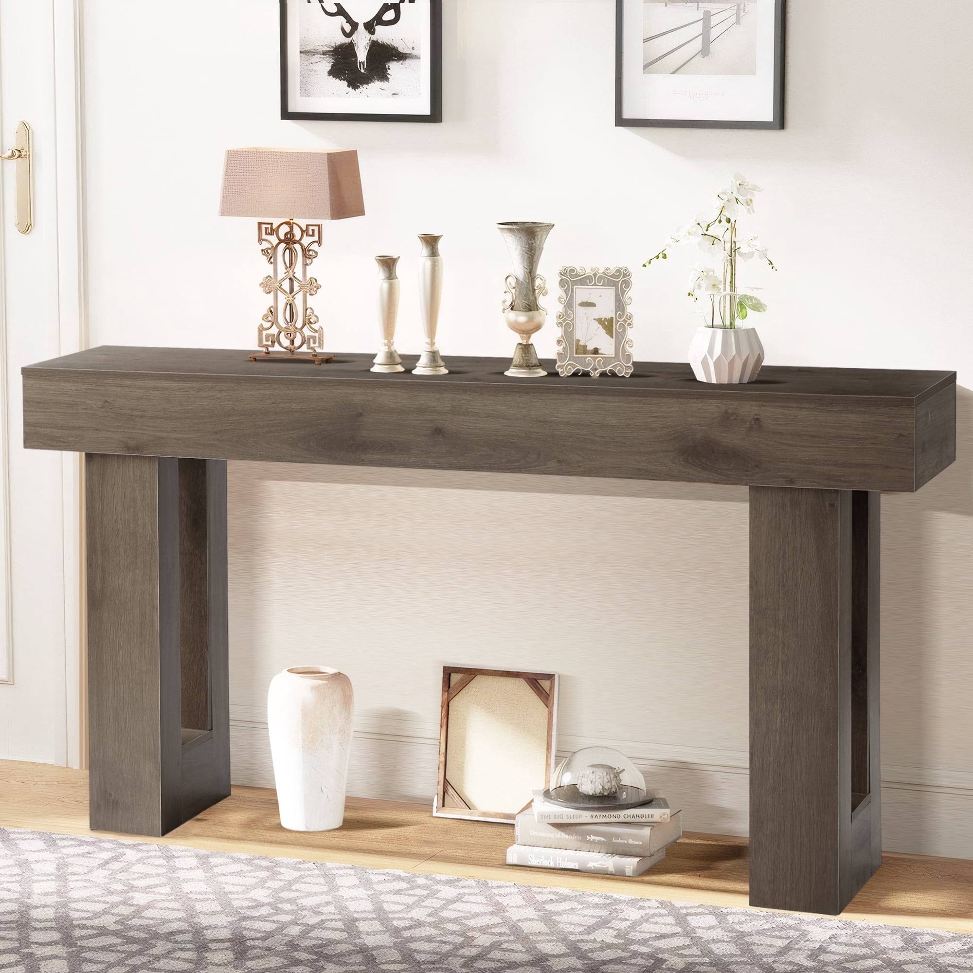 Magic Union 63" Long Console Table for Entryway, Wood Rectangular Sofa Table Behind Couch with 2-tier Open Storage and Weighted Base, Foyer Accent Tables for Entryway, Hallway, Living Room