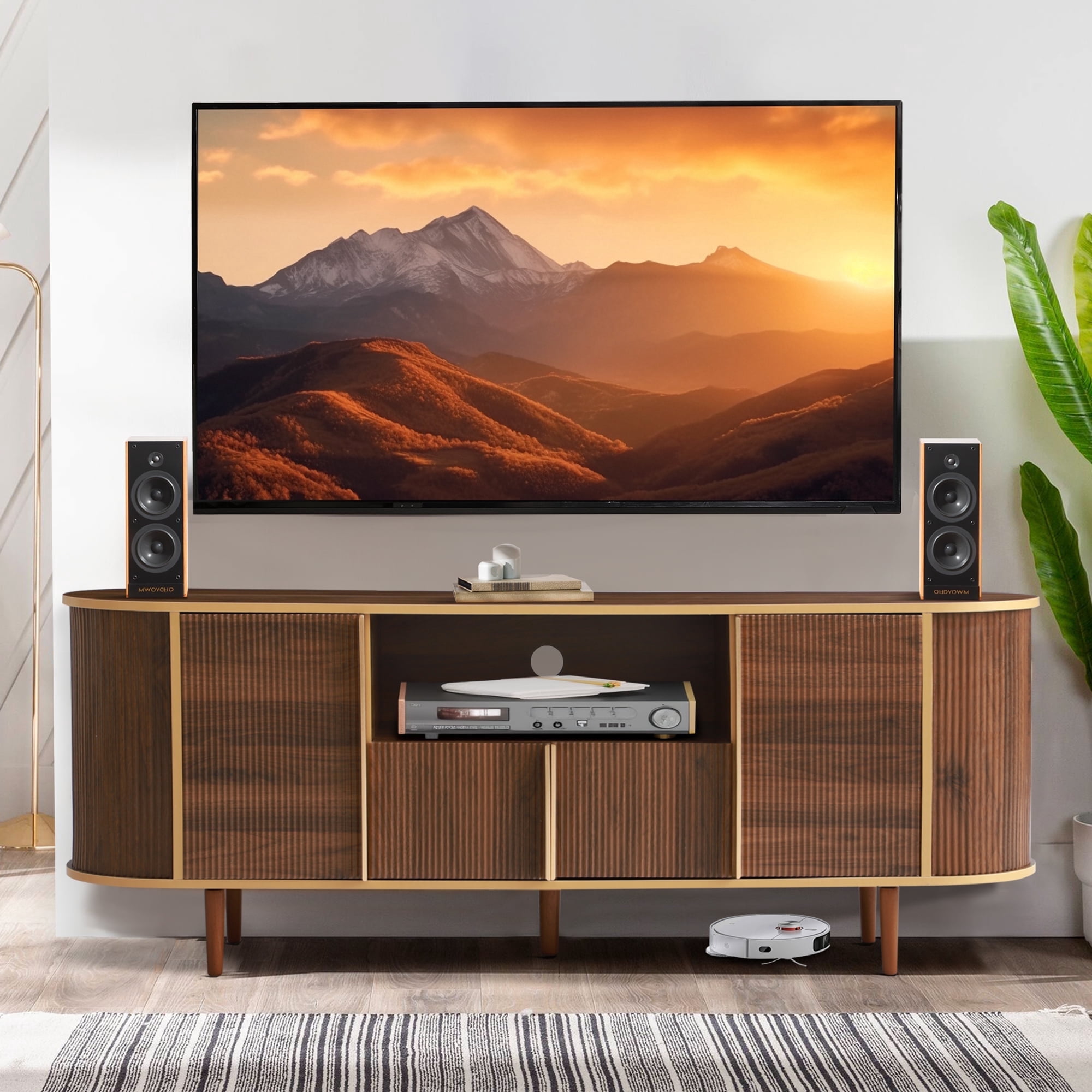 Magic Union 63" TV Stands, Fluted Modern Mid Century Entertainment Center Console for 55/60/65/70/75 inches TVs, Curved TV Stand with Open Storage & Side Cabinets, Living Room, Bedroom furniture