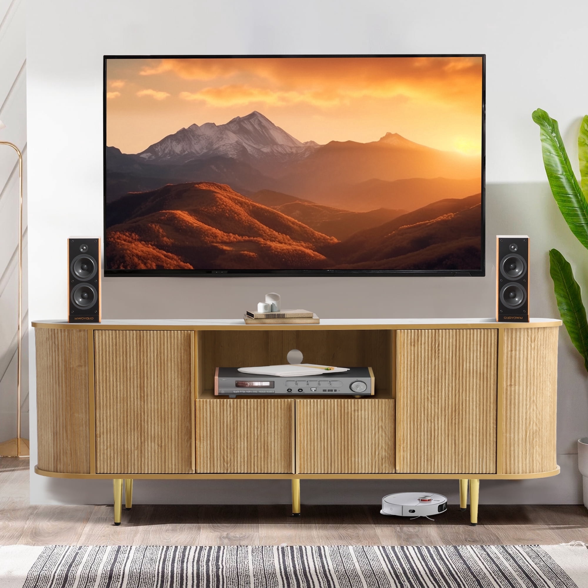Magic Union 63" TV Stands, Fluted Modern Mid Century Entertainment Center Console for 55/60/65/70/75 inches TVs, Curved TV Stand with Open Storage & Side Cabinets, Living Room, Bedroom furniture