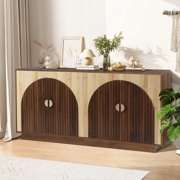 Magic Union 65" Fluted Sideboard Buffet Cabinet with Storage, Sideboard Storage Cabinets with Adjustable Shelves, Buffet Cabinets with Double Arch Doors, Console Credenza for Living Room