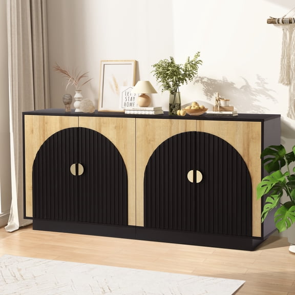 Magic Union 65" Fluted Sideboard Buffet Cabinet with Storage, Sideboard Storage Cabinets with Adjustable Shelves, Buffet Cabinets with Double Arch Doors, Console Credenza for Living Room
