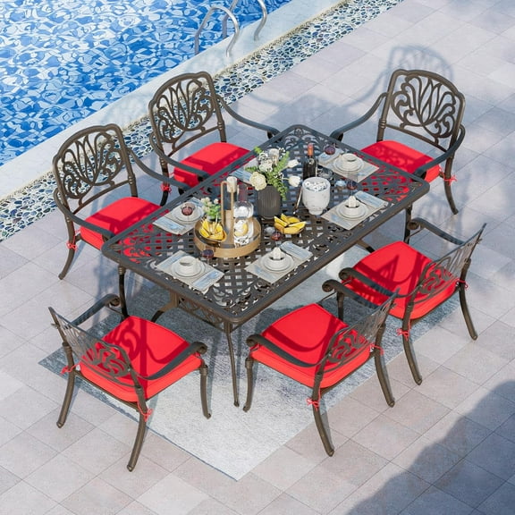 Magic Union 7-Piece Cast Aluminum Outdoor Dining Set with Rectangular Table and Chairs, Bronze/Red