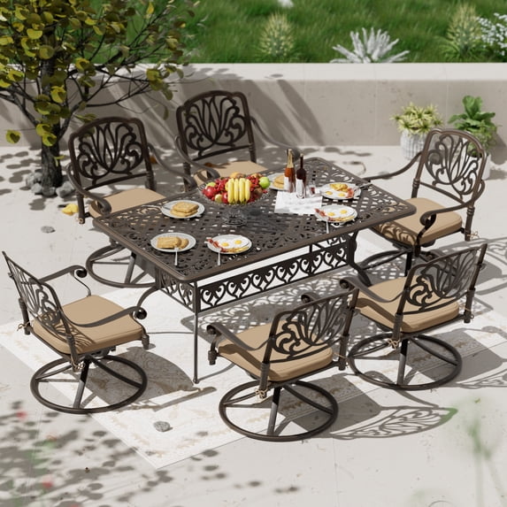 Magic Union 7 Pieces Adults Outdoor Dining Set Cast Aluminum Dining Table with Chair Khaki