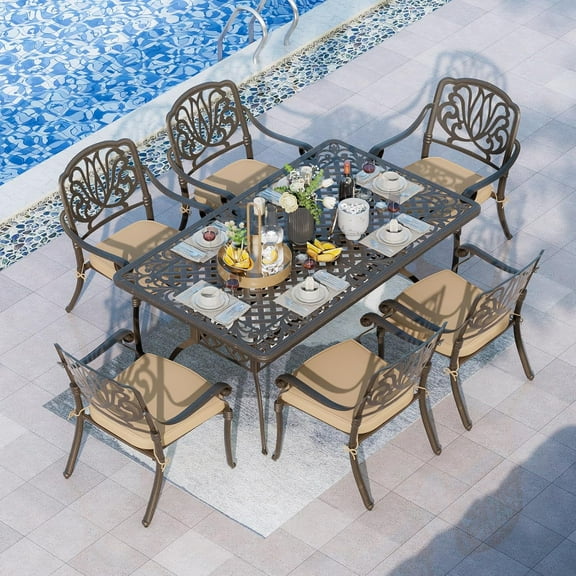 Magic Union 7 Pieces Outdoor Dining Set, Cast Aluminum Retro Patio Dining Set Includes 59" Rectangular Dining Table with Umbrella Hole and 6 Stackable Dining Chairs with Khaki Cushions for Garden Yard