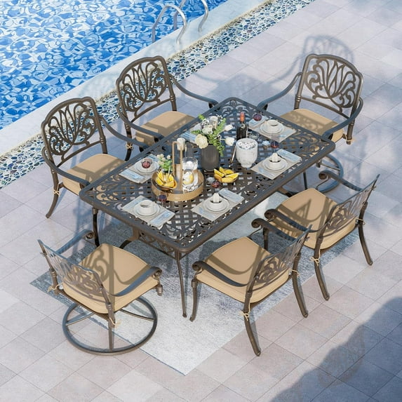 Magic Union 7 Pieces Outdoor Dining Set, Cast Aluminum Retro Patio Dining Set Includes 59" Rectangular Dining Table with Umbrella Hole,4 Stackable Dining Chairs and 2 Swivel Chairs with Khaki Cushions