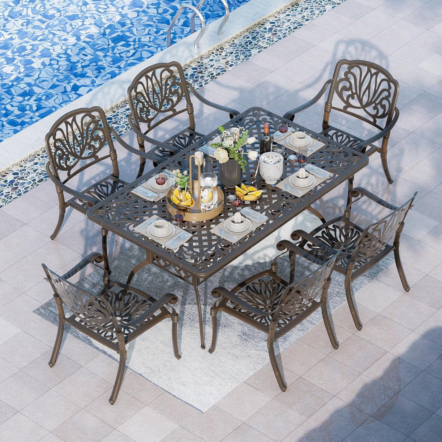 Magic Union 7 Pieces Outdoor Dining Set Cast Aluminum Retro Patio Dining Set Includes 59 inch Rectangular Dining Table with Umbrella Hole and 6