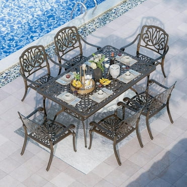 Magic Union 7-Piece Outdoor Dining Set, Bronze Cast Aluminum with 59" Rectangular Table & 6 Chairs