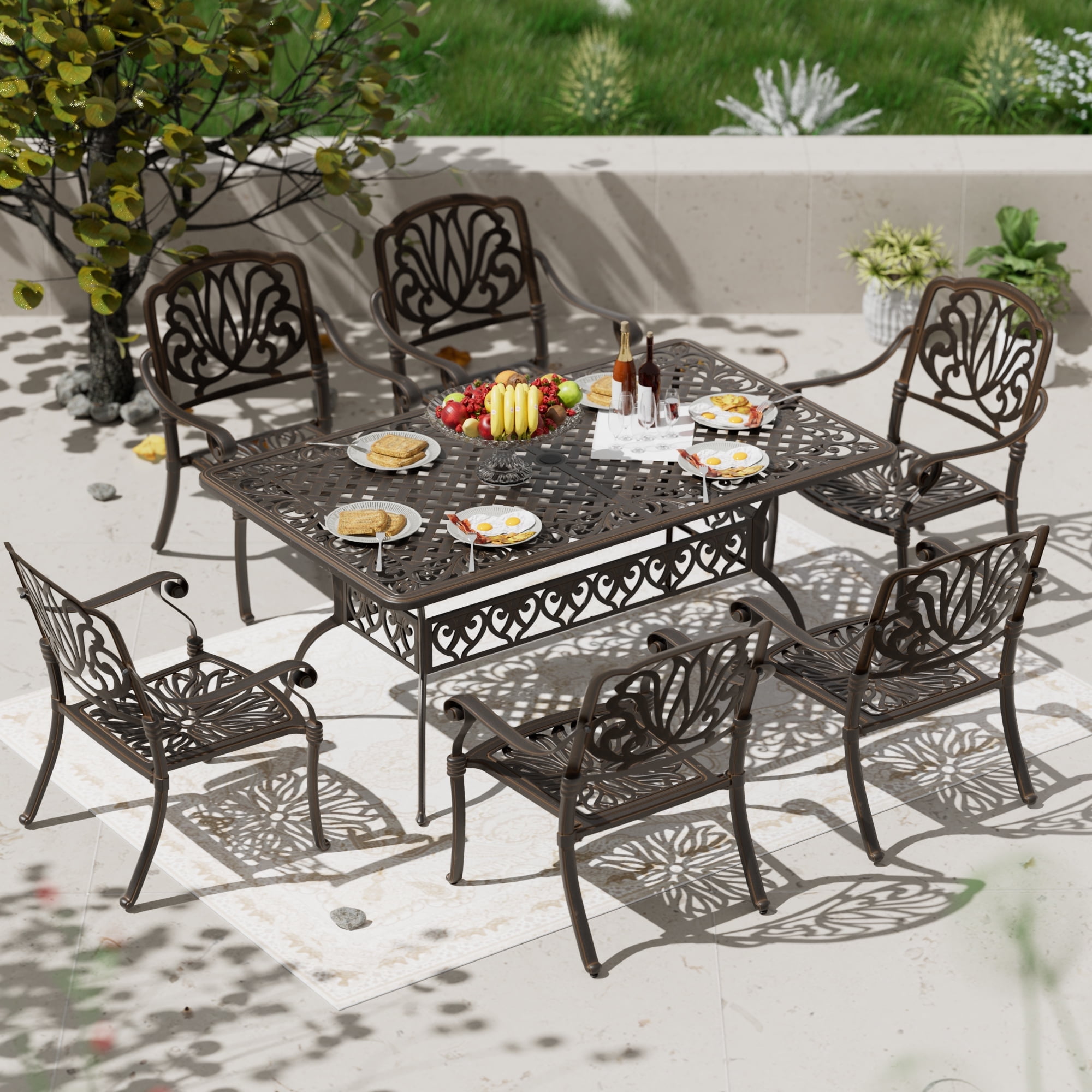 Magic Union 7 Pieces Outdoor Dining Set, Cast Aluminum Retro Patio