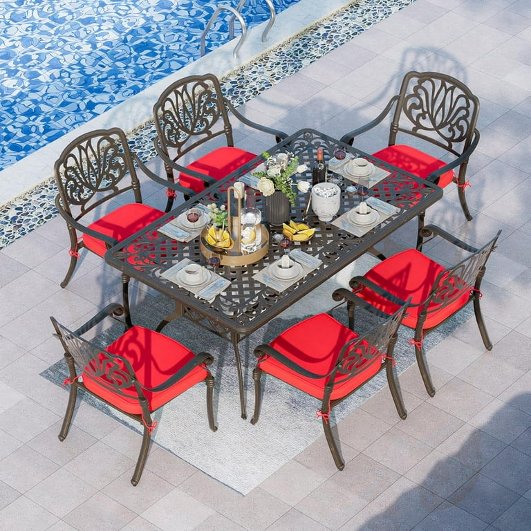 Magic Union 7 Pieces Outdoor Dining Set Cast Aluminum Retro Patio Dining Set Includes 59 Rectangular Dining Table with Umbrella Hole and 6 Stackable