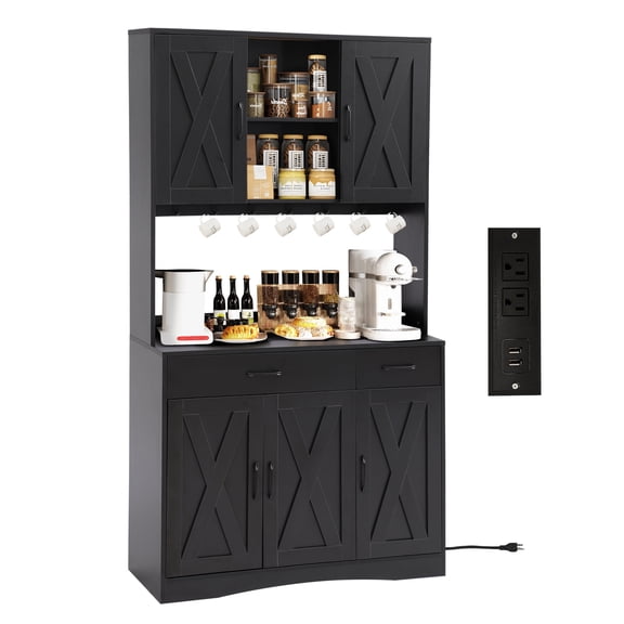 Magic Union 71" Kitchen Pantry Cabinet, Pantry Cabinet with Charging Station, Storage Cabinets with Door, Adjustable Shelves and Hooks, Farmhouse Kitchen Hutch for Dining Room, Living Room
