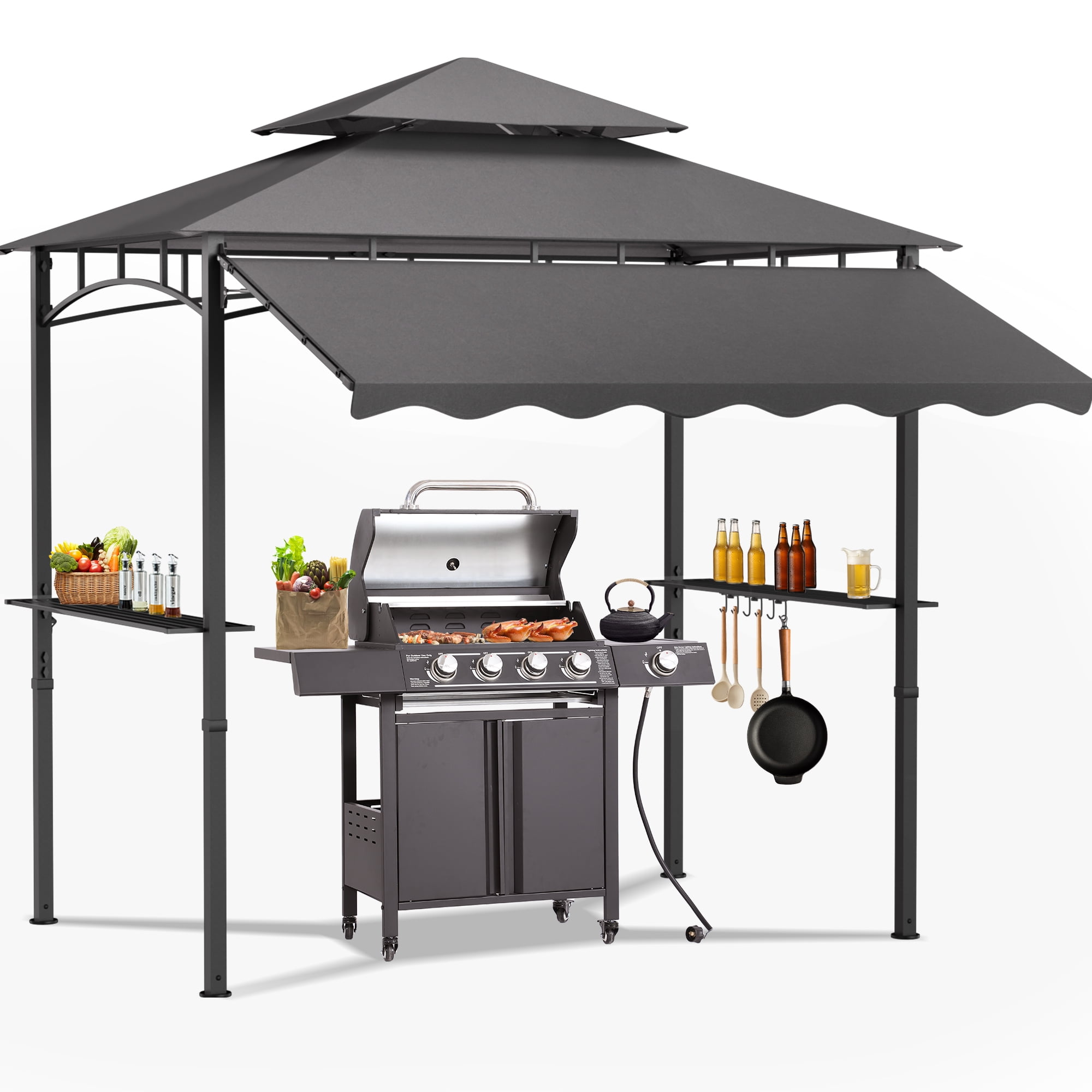 Magic Union 8'X8' Grill Gazebo Canopy - Heavy Duty Steel Frame, Double Tiered Grill Canopy for Outdoor Grill W/Shelves, Ceiling Hooks and Ground Stakes, Patio Canopy Tent BBQ Gazebo for Backyard