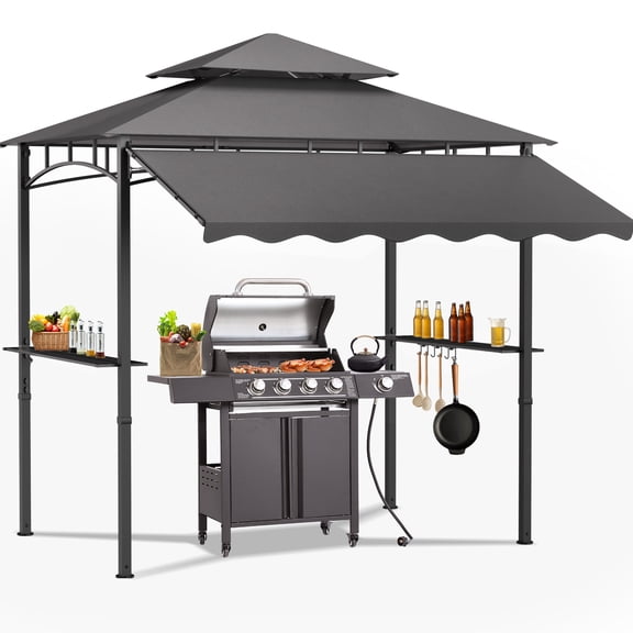 Magic Union 8'X8' Grill Gazebo Canopy - Heavy Duty Steel Frame, Double Tiered Grill Canopy for Outdoor Grill W/Shelves, Ceiling Hooks and Ground Stakes, Patio Canopy Tent BBQ Gazebo for Backyard