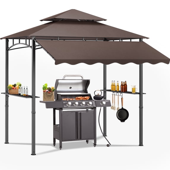 Magic Union 8'X8' Grill Gazebo Canopy - Heavy Duty Steel Frame, Double Tiered Grill Canopy for Outdoor Grill W/Shelves, Ceiling Hooks and Ground Stakes, Patio Canopy Tent BBQ Gazebo for Backyard