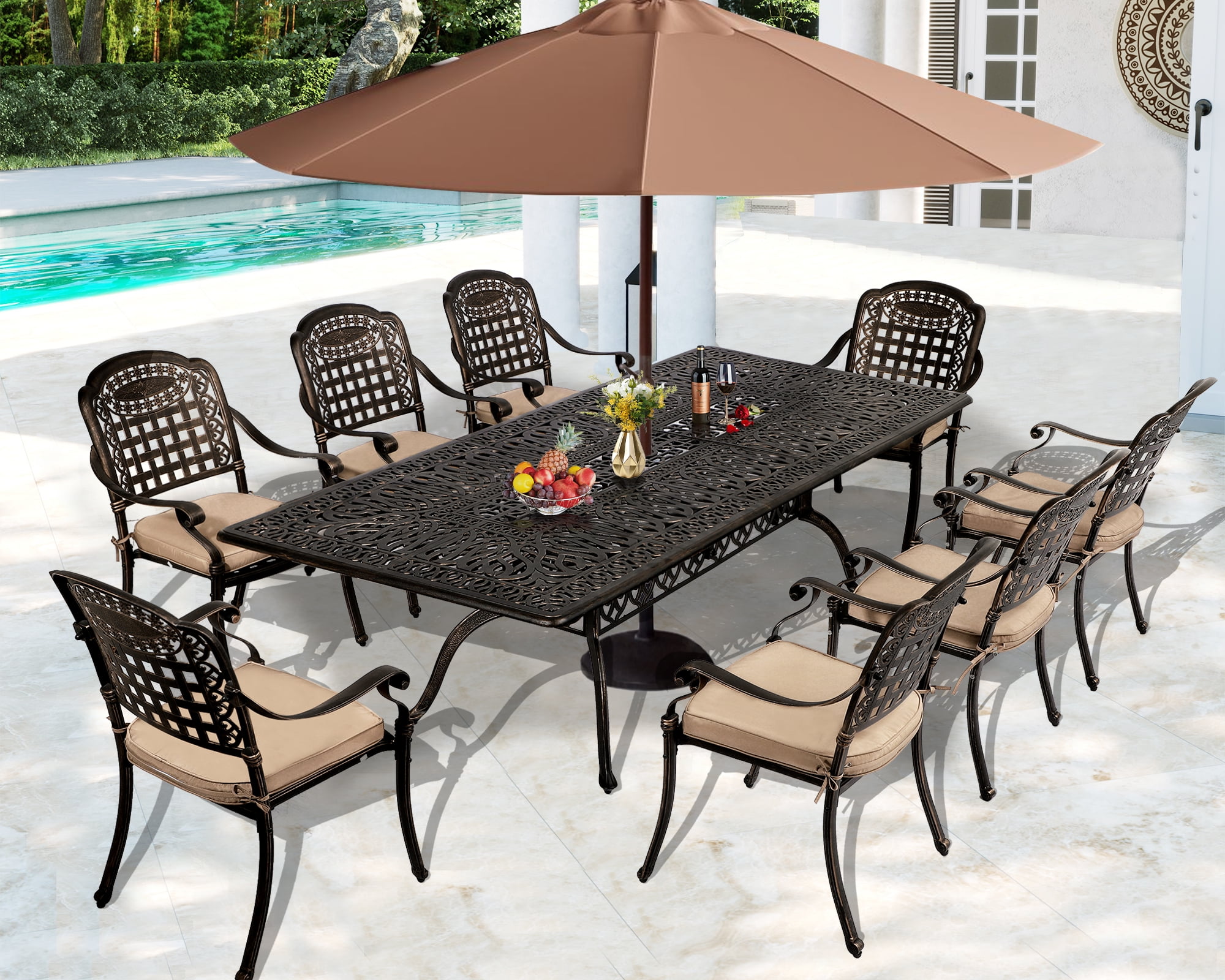 Magic Union 9 Piece Cast Aluminum Outdoor Dining Set with 8 Armchairs Dining Table Cushions Walmart