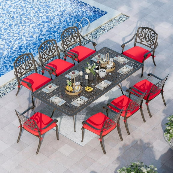 Magic Union 9 Pieces Outdoor Dining Set, Cast Aluminum Retro Patio Dining Set Includes 87" Rectangular Dining Table and 8 Stackable Dining Chairs with Red Cushions