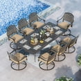 thumbnail image 1 of Magic Union 9 Pieces Outdoor Dining Set, Cast Aluminum Retro Patio Dining Set Includes 87" Rectangular Dining Table with Umbrella Hole and 8 Gird Swivel Chairs with Khaki Cushions for Garden Yard, 1 of 9