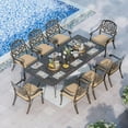 thumbnail image 1 of Magic Union 9 Pieces Outdoor Dining Set, Cast Aluminum Retro Patio Dining Set Includes 87" Rectangular Dining Table with Umbrella Hole and 8 Stackable Dining Chairs with Khaki Cushions for Garden Yard, 1 of 9