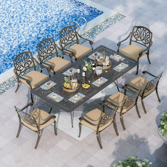 Magic Union 9 Pieces Outdoor Dining Set, Cast Aluminum Retro Patio Dining Set Includes 87" Rectangular Dining Table with Umbrella Hole and 8 Stackable Dining Chairs with Khaki Cushions for Garden Yard