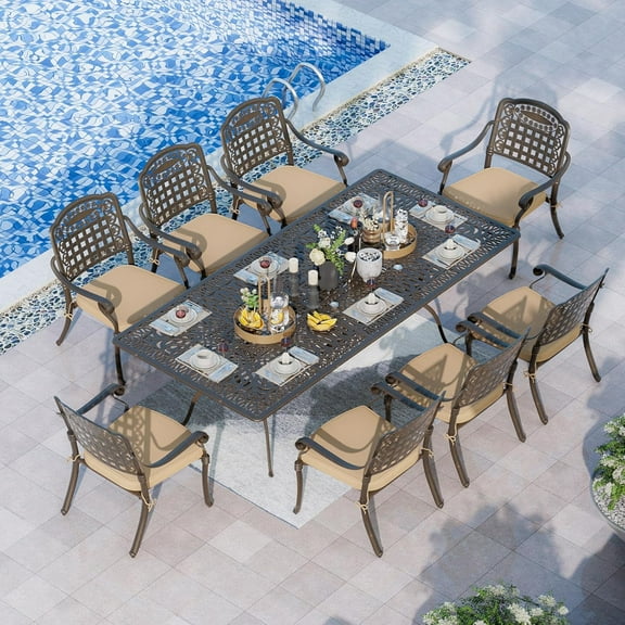 Magic Union 9 Pieces Outdoor Dining Set, Cast Aluminum Retro Patio Dining Set Includes 87" Rectangular Dining Table with Umbrella Hole and 8 Stackable Gird Dining Chairs with Khaki Cushions for Garden