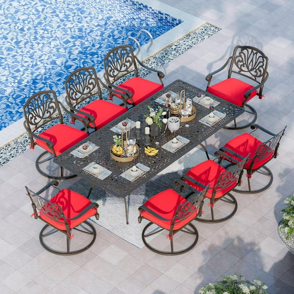 Magic Union 9 Pieces Outdoor Dining Set, Cast Aluminum Retro Patio Dining Set Includes 87" Rectangular Dining Table with Umbrella Hole and 8 Swivel Chairs with Red Cushions for Garden Yard