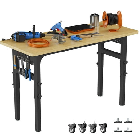 Magic Union Adjustable Garage Workbench with Power Outlet, 2000 Lbs Load Capacity Hardwood Top Heavy Duty Work Bench W/Side Pegboards, Tool Bench W/Wheels & Feet for Woodworking, Workshop, Office