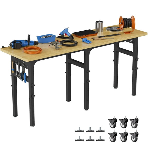 Magic Union Adjustable Garage Workbench with Power Outlet, 2000 Lbs Load Capacity Hardwood Top Heavy Duty Work Bench W/Side Pegboards, Tool Bench W/Wheels & Feet for Woodworking, Workshop, Office