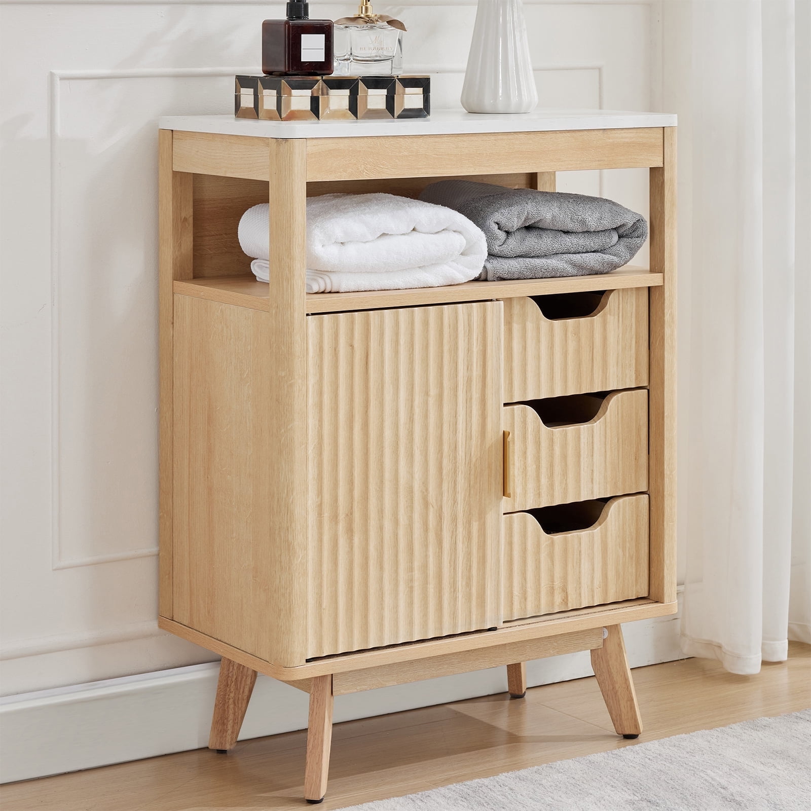 Magic Union Bathroom Storage Cabinet with Fluted Sliding Door, 3 Drawers Bathroom Floor Cabinet, Freestanding Storage Organizer w/Adjustable Shelf, Faux Marble Top, Curved Profile Design Natural Oak