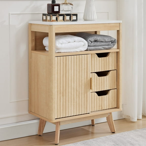 Magic Union Bathroom Storage Cabinet with Fluted Sliding Door, 3 Drawers Bathroom Floor Cabinet, Freestanding Storage Organizer w/Adjustable Shelf, Faux Marble Top, Curved Profile Design Natural Oak