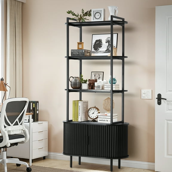 Magic Union Bookshelf, 71" Tall Bookcase w/Storage Cabinet, Book Shelves Stand w/Fluted Sliding Doors, 4-Tier Open Display Shelf Organizer for for bedroom living room Home Office Bathroom