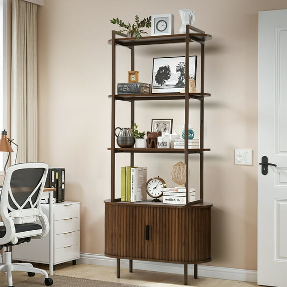 Magic Union Bookshelf, 71" Tall Bookcase w/Storage Cabinet, Book Shelves Stand w/Fluted Sliding Doors, 4-Tier Open Display Shelf Organizer for for bedroom living room Home Office Bathroom