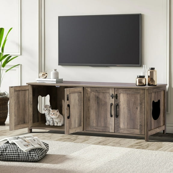 Magic Union Cat Litter Box Enclosure for 2 Cats,Hidden Cat Dual Washroom Wooden Furniture with Double Rooms and 2 Cat Head Shaped Holes,47.2L x 19.7W x 19.7H Large Cat House for Living Room,Bedroom