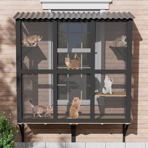 Magic Union Catio Large Cat Window Box, Wooden Cat Window Perch Enclosure W/4 Platform & 3 Door for Sunbathing, Overlooking, Expandable Cats Window Box with Tunnel Connection, All Weather Use