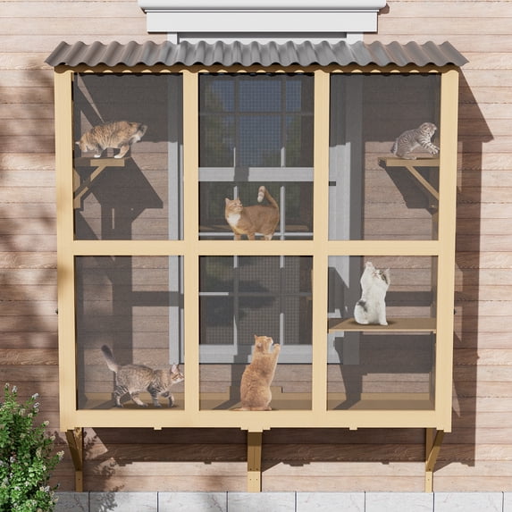 Magic Union Catio Large Cat Window Box, Wooden Cat Window Perch Enclosure W/4 Platform & 3 Door for Sunbathing, Overlooking, Expandable Cats Window Box with Tunnel Connection, All Weather Use