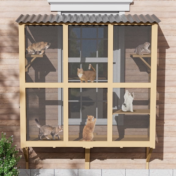 Magic Union Catio Large Cat Window Box, Wooden Cat Window Perch Enclosure W/4 Platform & 3 Door for Sunbathing, Overlooking, Expandable Cats Window Box with Tunnel Connection, All Weather Use