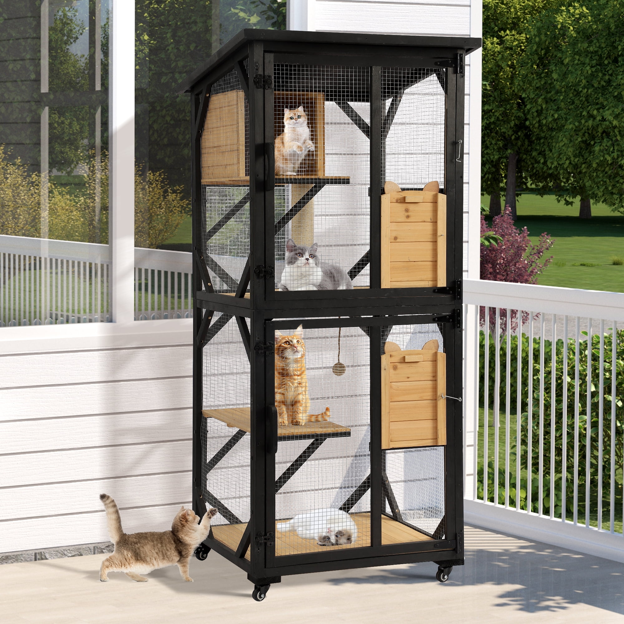 Black and Natural 4-Tier Outdoor Wooden Cat House with Wheels