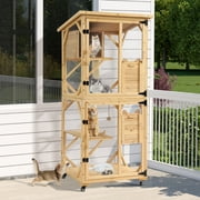 Magic Union Catio Outdoor Cat Enclosure, 4 Tiers Cat House with Waterproof Roof, Indoor Cat Cage with Wheels and Removable Floor, Large Outside Wood Cattio Kitty with Resting Box Natural