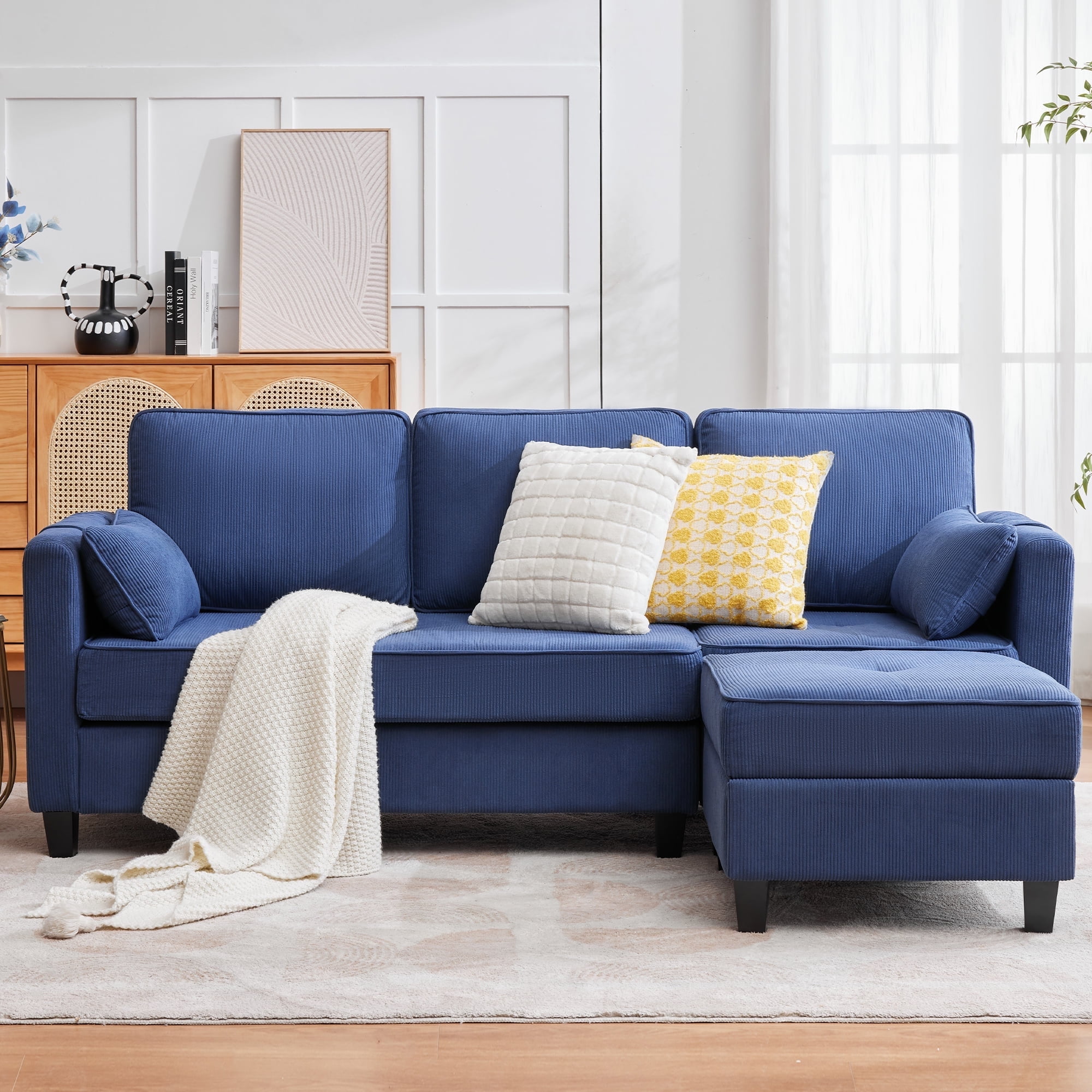 Magic Union Convertible Sectional Couches for Living Room- Small Space Couches L-Shaped Sofa, Corduroy Upholstered 3 Seats Sofas W/Storage Chaise, USB Ports, Side Pockets and Pillows