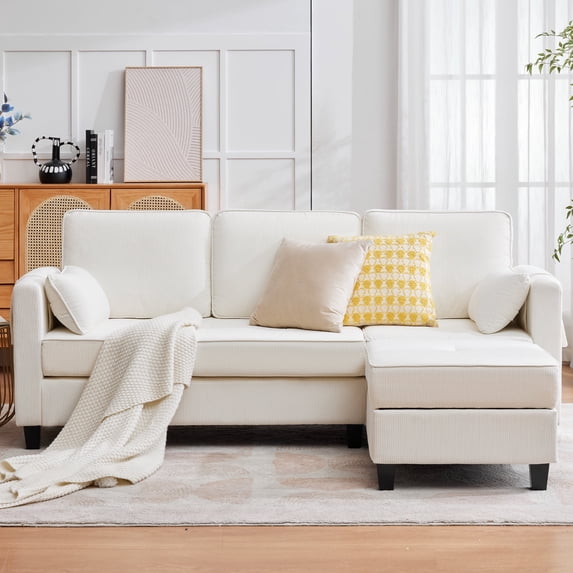 Magic Union Beige Corduroy Upholstered L-Shaped Sectional Sofa with Storage Chaise, USB Ports, Side Pockets