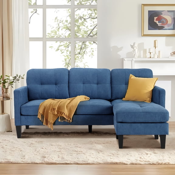 Magic Union Convertible Sectional Sofa Couch for Living Room, L-Shaped Couch 3 Seats Sofas with Linen Fabric, Movable Ottoman Small Sofa Mid Century for Small Apartments, Living Room and Office,Blue