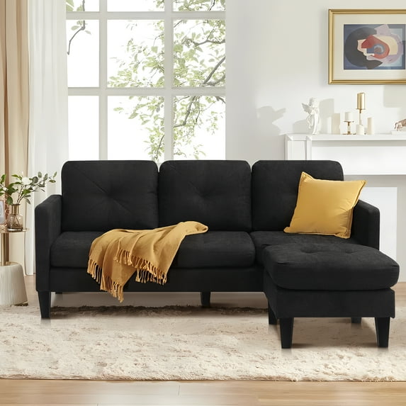 Magic Union Convertible Sectional Sofa Couch for Living Room, L-Shaped Couch 3 Seats Sofas with Linen Fabric, Movable Ottoman Small Sofa Mid Century for Small Apartments, Living Room and Office,Black