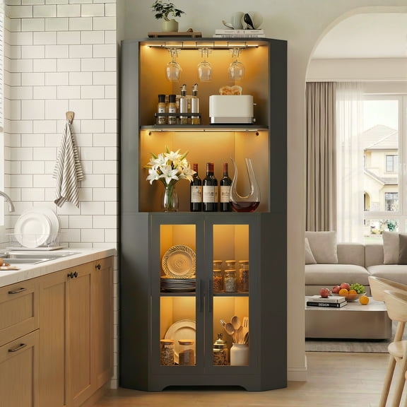 Magic Union Corner Liquor Wine Display Cabinet with LED Lights, Modern 4-Tier Tall Coffee Bar Cabinet with Glass Rack, Adjustable Shelves & Tempered Glass Door for Living Room Kitchen Entryway