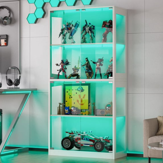 Magic Union Display Cabinet with Glass Doors, 4-Tier Curio Display Case, Collectibles Display Shelf with 12 Color Lights, Toy Bookshelf and Bookcase Cabinet for Collectible Playroom, Living Room