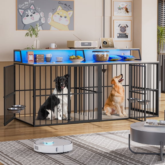 Magic Union Dog Crate Kennel Furniture for 2 Dogs w/LED Light & Power Outlets, 71.5" Double Dog Crates TV Stand w/Storage Space, Dog Crate Entertainment Center w/4 Lockable Doors & Dog Bowls