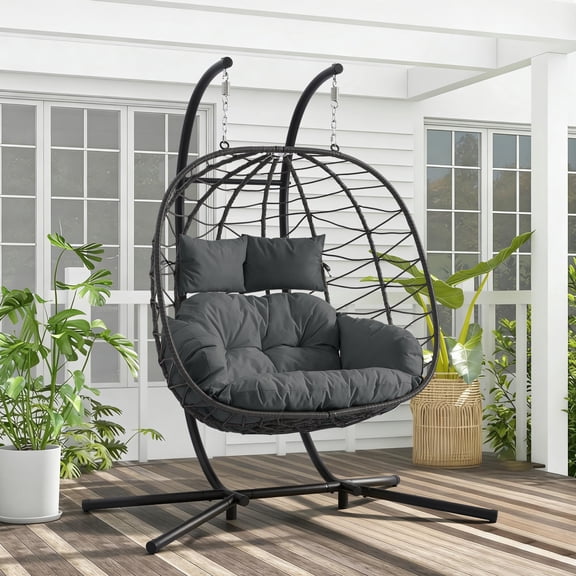 Magic Union Double Egg Chair with Stand, 2 Person Hanging Rattan Wicker Swing for Indoor Outdoor Use, Hanging Loveseat with Cushion & Headrest, 650 Lbs Capacity for Patio Balcony Bedroom