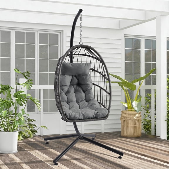 Magic Union Egg Chair with Stand, Hanging Rattan Wicker Swing for Indoor Outdoor Use, Swing Hammock Chair with Cushion & Headrest, 350 Lbs Capacity for Patio, Balcony, Porch, Bedroom